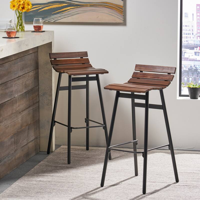 Roomfitters 2-Piece Modern Industrial Bar Stools, Wood Slat Counter Height Chairs with Metal Legs for Dining