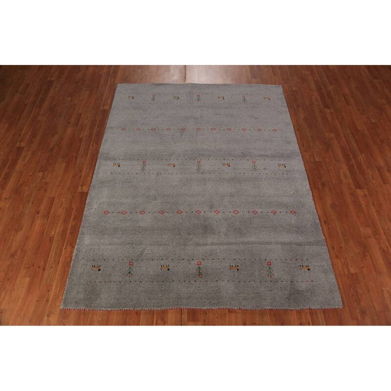 Gabbeh Oriental Area Rug Hand-Knotted Tribal Grey Wool Carpet - 5'8" x 7'7"