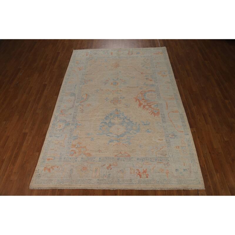 Hand Knotted Oriental 100% Wool Carpet Transitional All-Over Peach Oushak Area Rug - 9' 0'' X 6' 3''