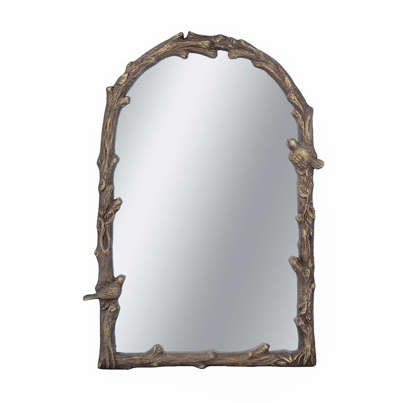 24x1.5x34" Arched Magnesian Wall Mirror with Gold Botanical and Bird Motifs - Brown