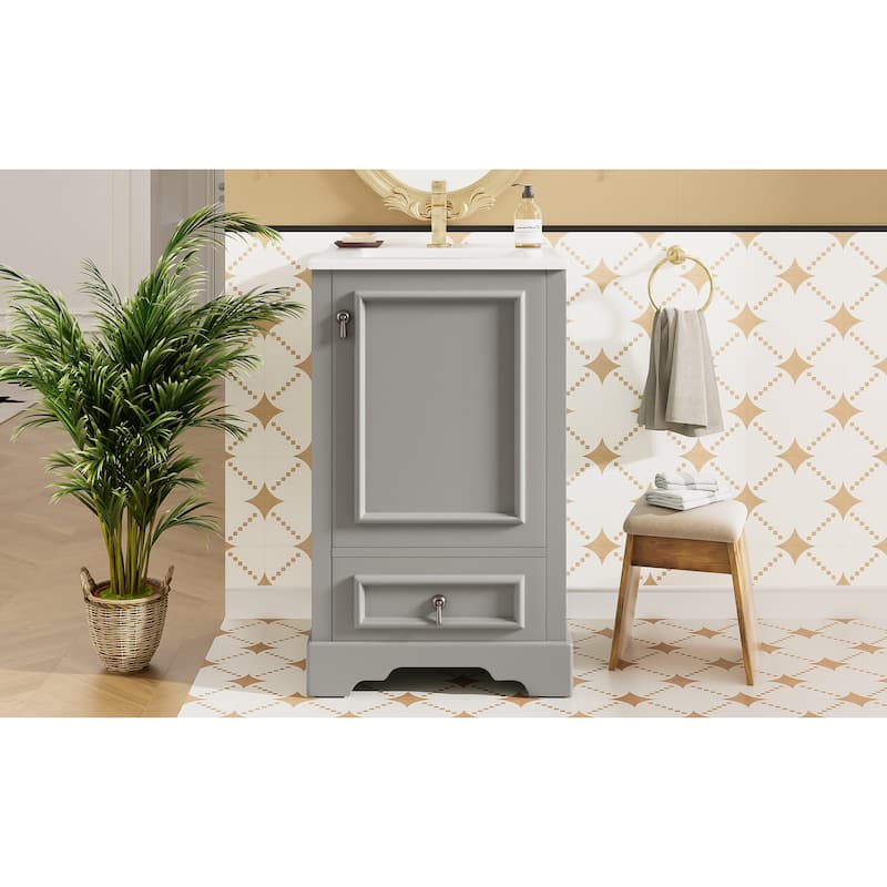 20 Inch Bathroom Vanity With Ceramic Sink, Soft Close Door, Adjustable U-Shaped Shelf, Compartment Drawer And Door Storage Rack