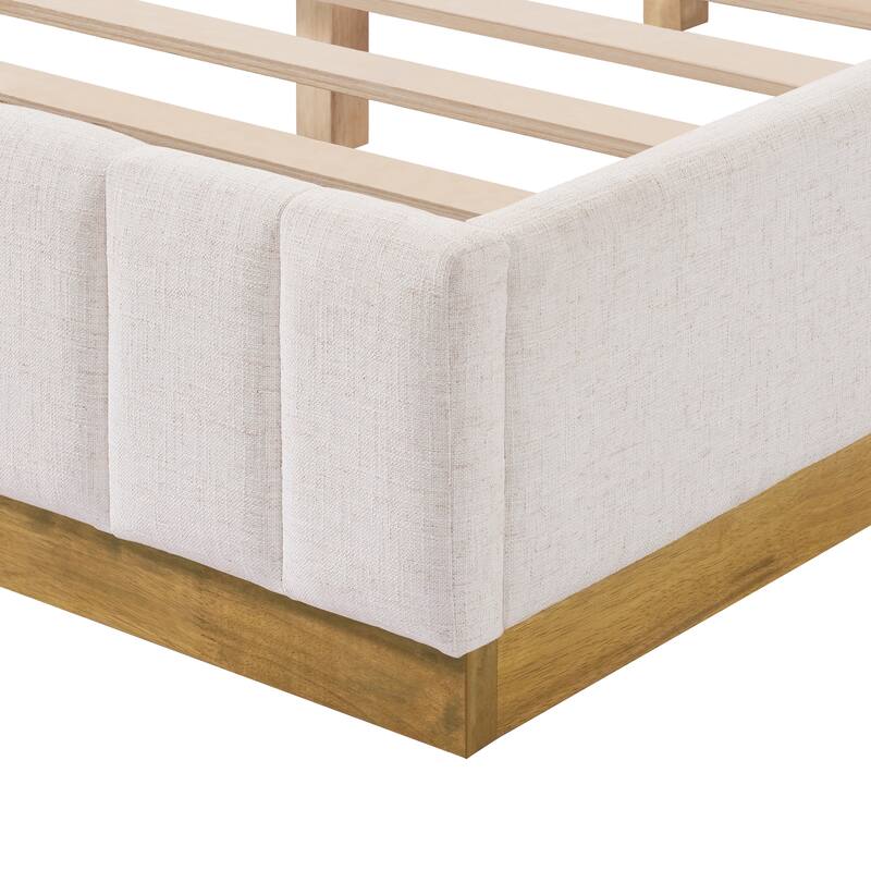 Beige Upholstered Bed with Vertical Stripes Headboard Linen Platform Bed