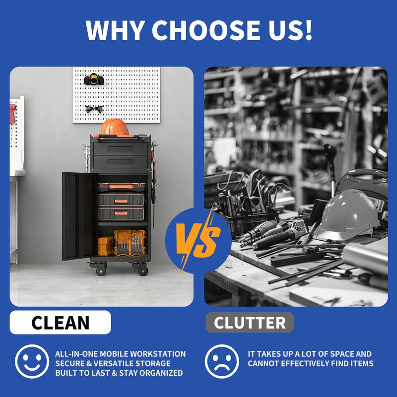 34.3" Narrow Rolling Tool Cabinet - Space-Saving Garage Storage with Lockable Door, 2 Drawers and Large Handle