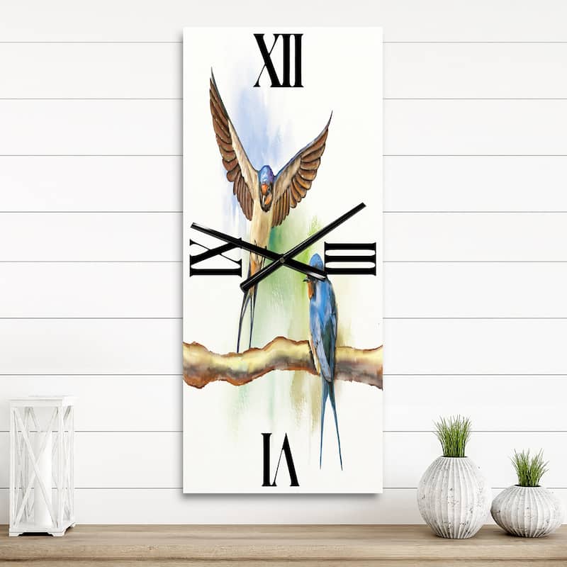 Designart 'Two Barn Swallows Birds' Farmhouse Large Wall Clock - 12 in. Wide x 28 in. High