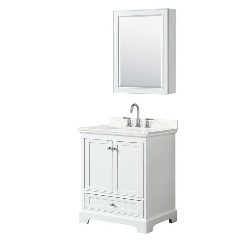 Deborah 30-inch Single Vanity, Quartz Top, Medicine Cabinet - White, Chrome Trim, Giotto Quartz Top