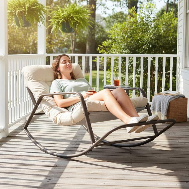 Oversized Indoor Outdoor Papasan Rocking Chair with Cushion, Metal Lounge Rocker Recliner, Heavy Duty 450 lbs Capacity