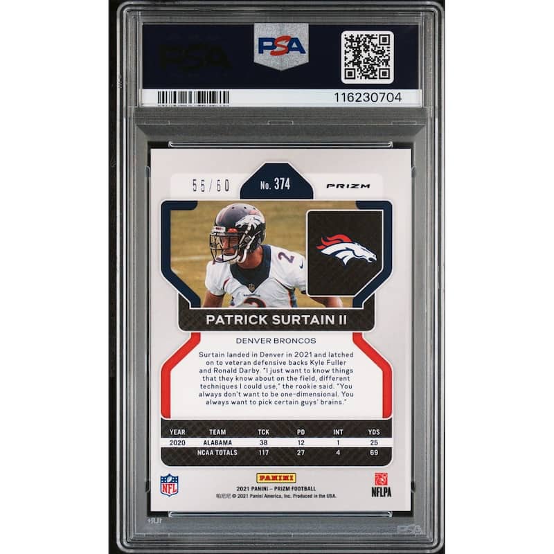 Patrick Surtain II 2021 Panini Prizm Orange Wave Signed Football Rookie Card #374 Auto Graded PSA 9 55/60 Cert # 116230704