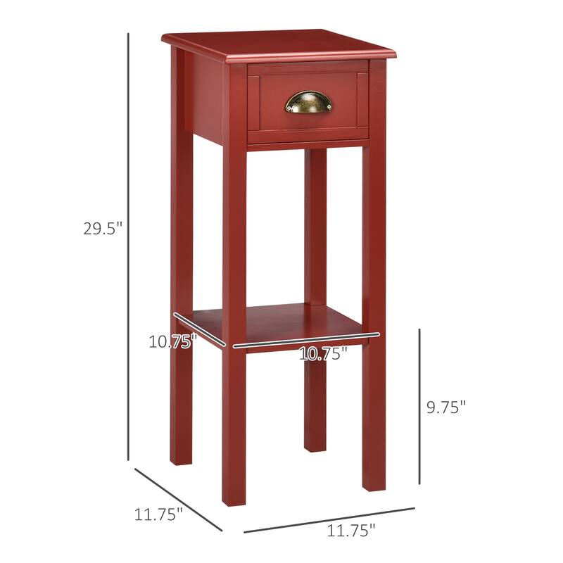 2-Tier Side Table with Drawer, Narrow End Table with Bottom Shelf, for Living Room or Bedroom, Red