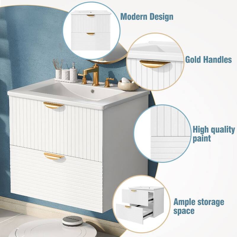 24” Modern Wall Mounted Bathroom Vanity with Ceramic Sink and 2 Drawers