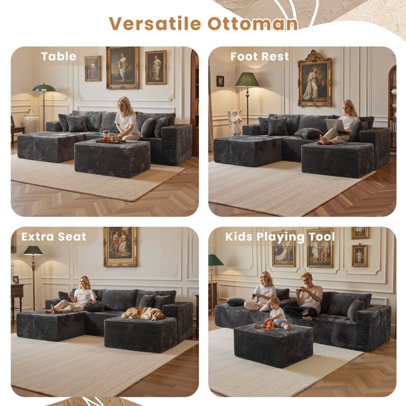 HOOOWOOO Modern Plush Corduroy L-shaped Sofa Chaise Lounge with Ottoman