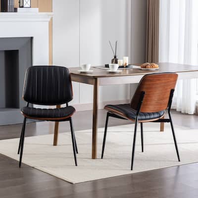 Dining Chairs Set of 2 Mid Century Modern Retro Faux Leather Chair with Walnut Bentwood Back Upholstered Seat Metal Legs
