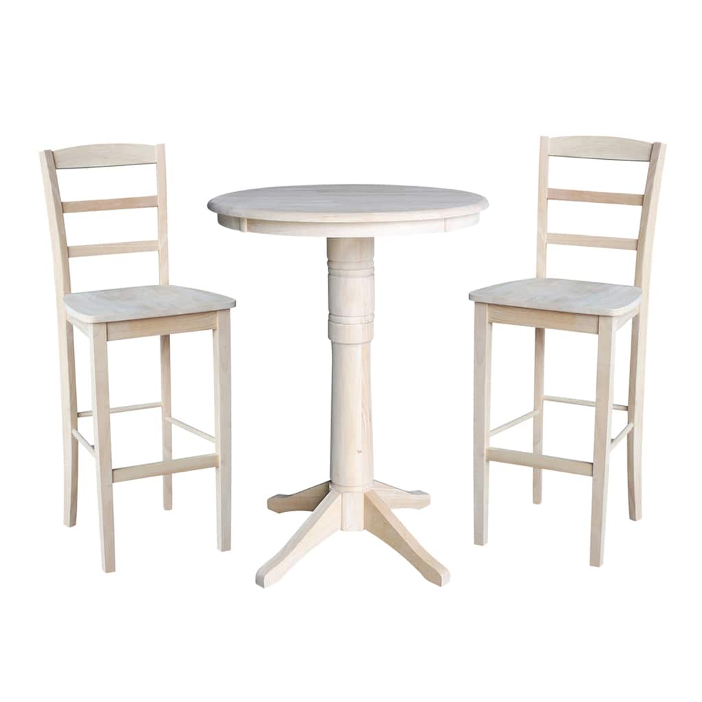 30" Round Top Pedestal Bar Height Table with 2 Madrid Stools - Unfinished - 3 Piece Set