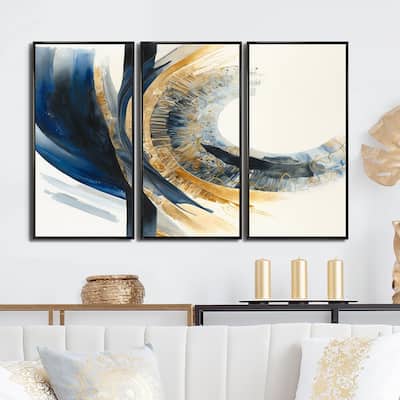Designart "Blue And Gold Swirl Abstract IV" Modern Spiral Framed Canvas Art Print - 3 Panels