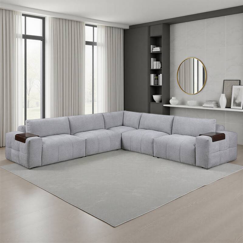 Mackay 143" Textured 5-Piece Modular Sectional Sofa with Armrest Tray