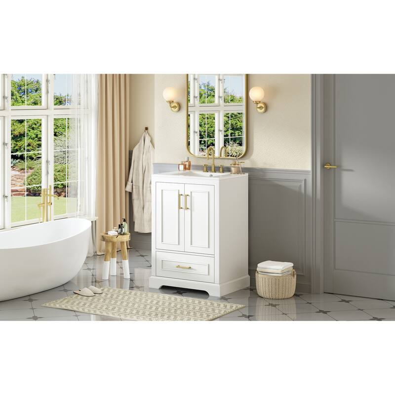Bathroom Vanity with Ceramic Sink, Freestanding Bathroom Cabinet with Double Shelf, 1 Divided Drawer & 2 Soft Close Doors