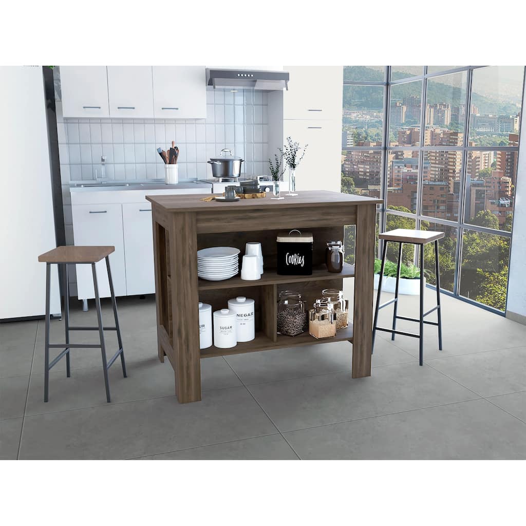 DEPOT E-SHOP Delos Kitchen Island, Four Legs, Three Shelves, Dark Brown