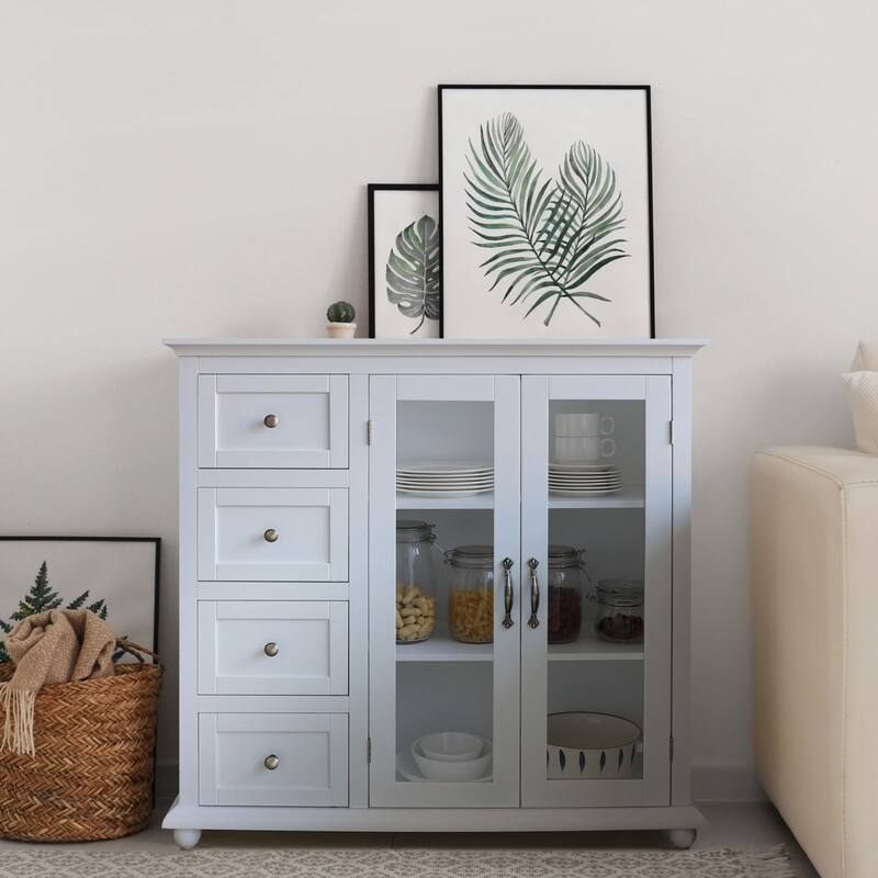 VEIKOUS Kitchen Buffet Sideboard Storage Cabinet with 2 Glass Doors and 4 Drawers - White
