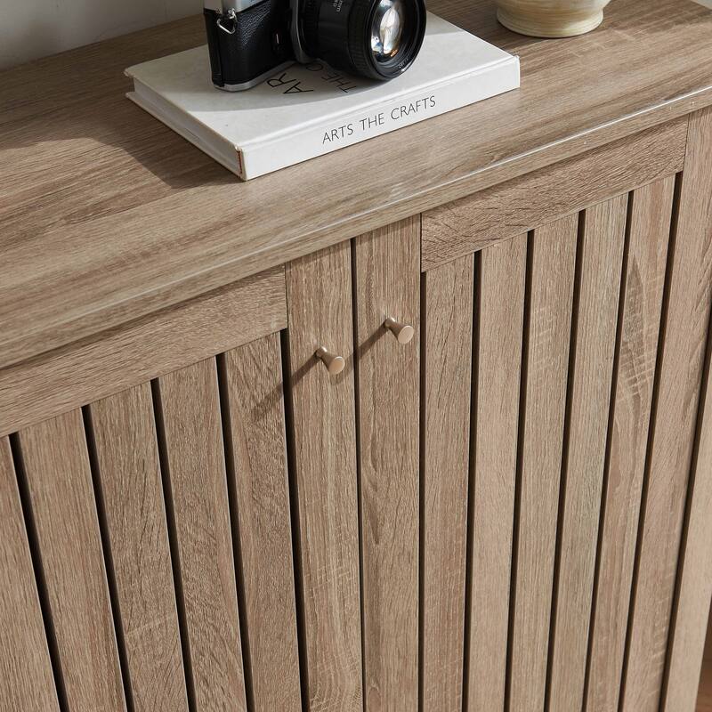 Shoe cabinet storage cabinet entryway cabinet with two doors slat style vented doors metal knob handle four shelves Dark