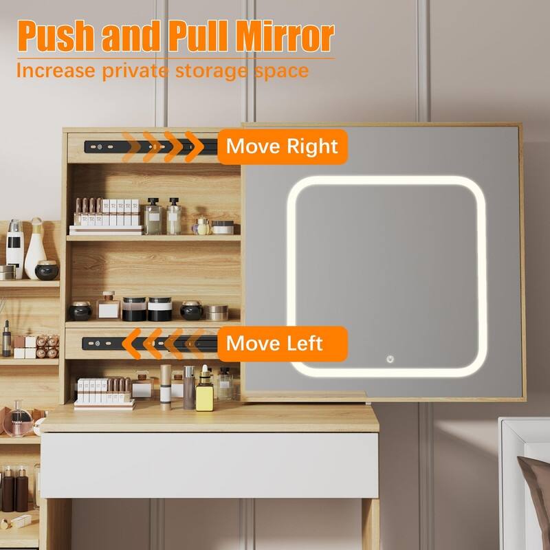 Vanity Desk with Sliding Mirror, Charging Station, 4 Drawers, Shelves, Stool