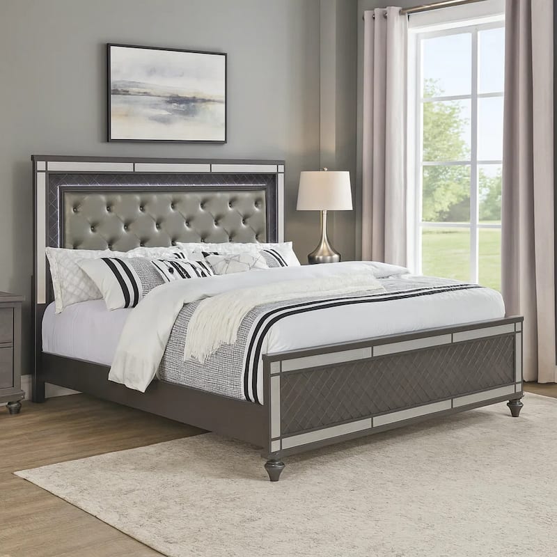 Reff King Size Bed, Button Tufted Gray Fabric Upholstery, Modern Wood Panel