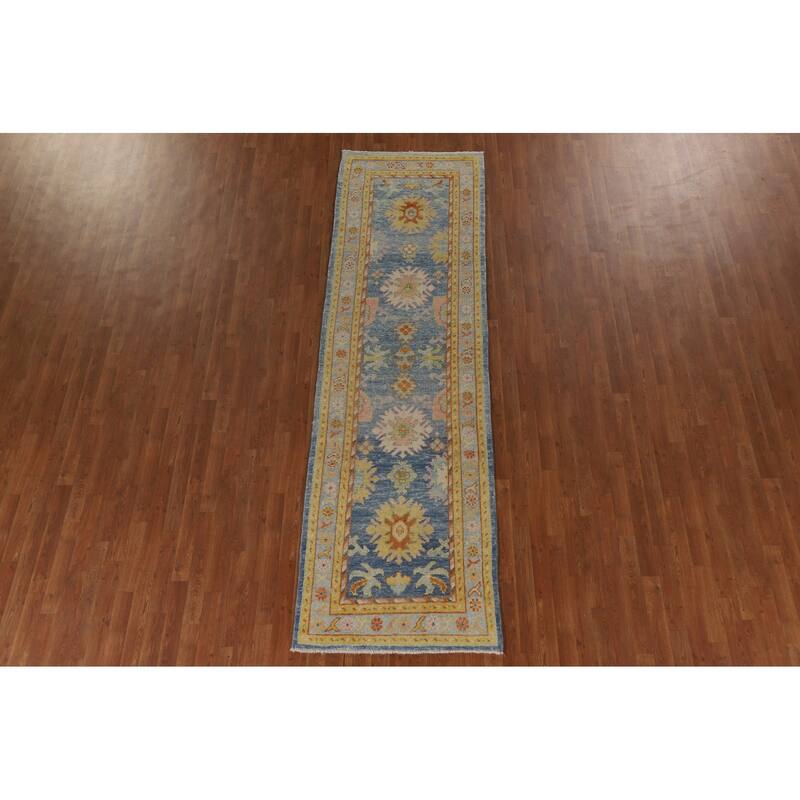 Vegetable Dye Oushak Turkish Runner Rug Hand-knotted Wool Carpet - 3'1"x 10'8"
