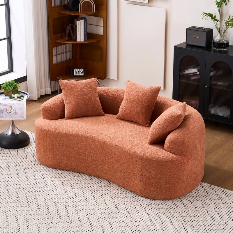Full Compression Chenille Curved Loveseat Sofa with 3 Pillows - Coral