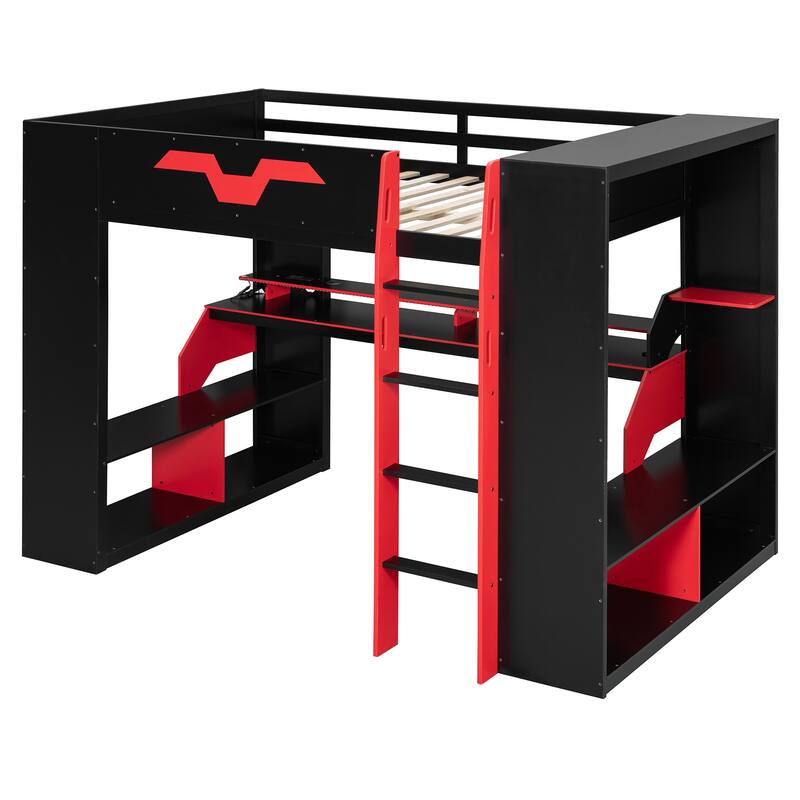 Roomfitters Full Gaming Loft Bed with Power Hub, RGB Lights and Cable Management