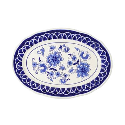 Euro Ceramica Blue Garden 18" Stoneware Oval Serving Platter - 18.5" x 13.2" x 1.26"