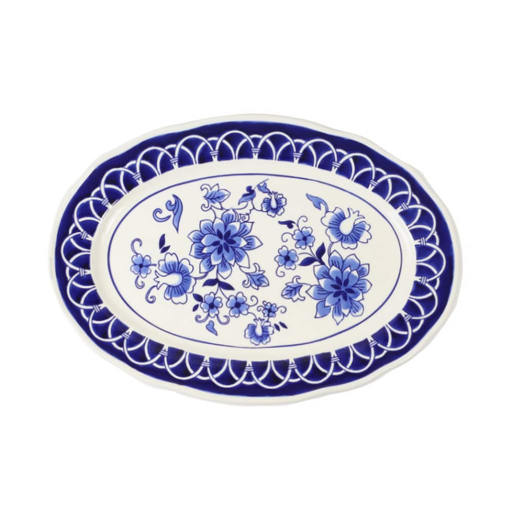 Euro Ceramica Blue Garden 18" Stoneware Oval Serving Platter - 18.5" x 13.2" x 1.26"