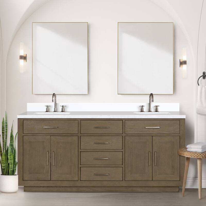 Abbey 60 in W x 22 in D Black Oak Double Bath Vanity, White Quartz Top, Faucet Set, and 28 in Mirrors