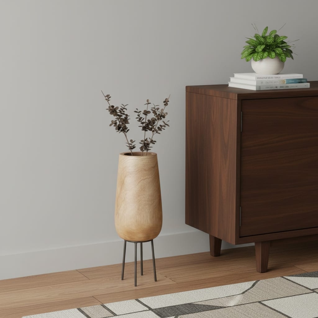 15" Natural Wood And Metal Cylinder Floor Vase - 5.50