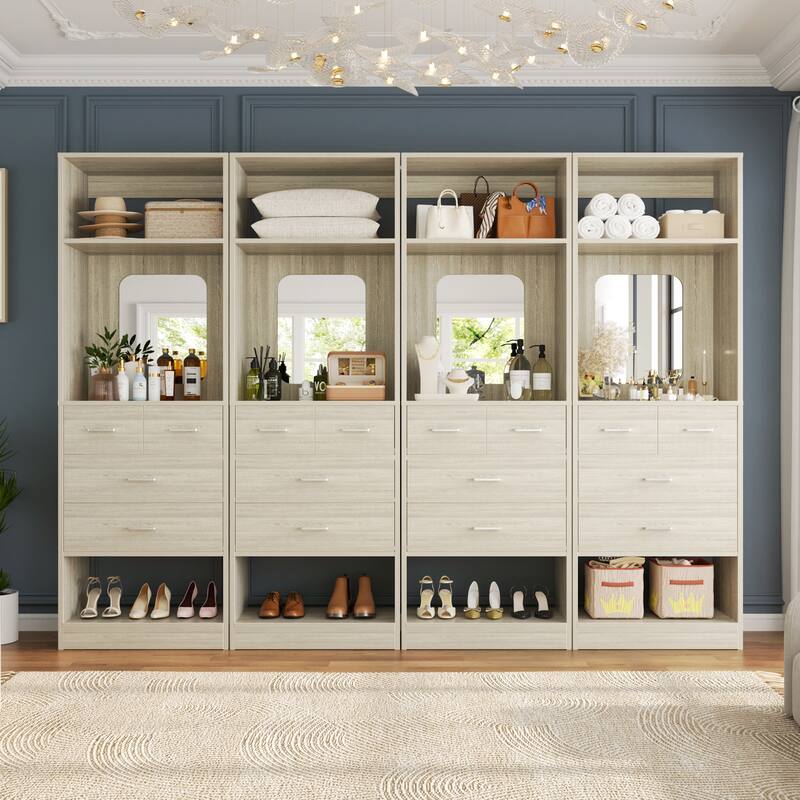Cimly 25''W Closet Organizer with Mirror and Drawers, Freestanding Closet System for Walk-in/ Reach-in Closet - Washed Oak - Set of 4