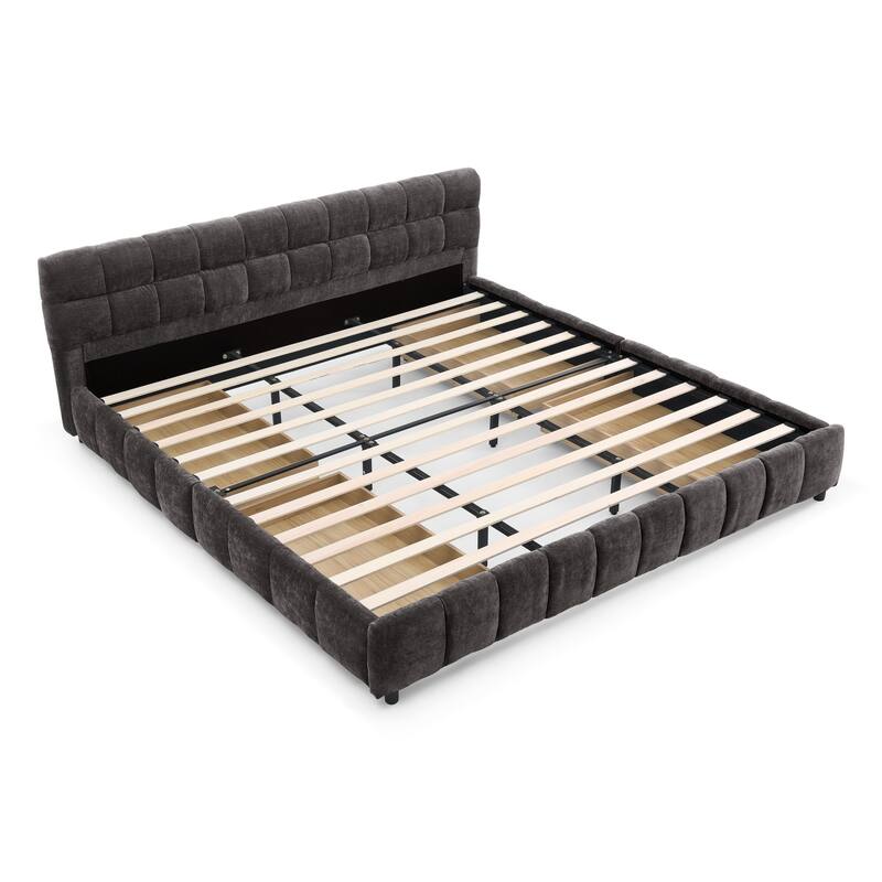 Modern King Size Upholstered Bed with Storage Drawers, Dark Gray