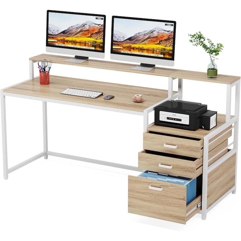 Ergonomic Computer Desk with Elevated Monitor Stand Two Tier Desktop and File Cabinet Sturdy - Brown