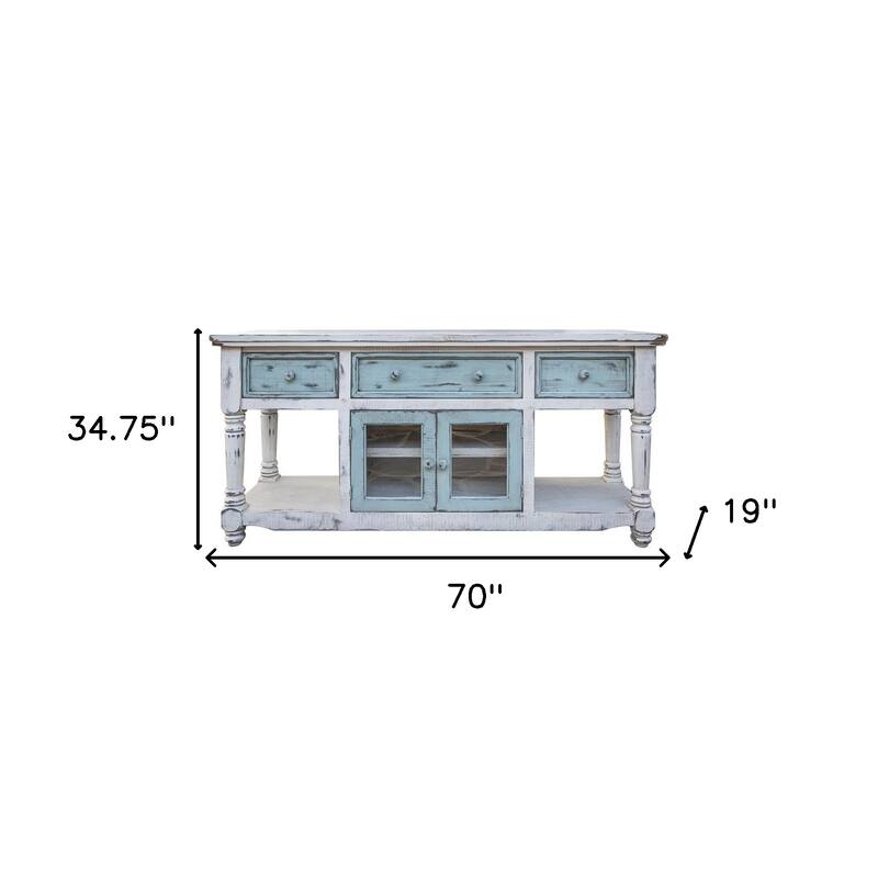 HomeRoots 70" Blue and White Solid Wood Open shelving Distressed TV Stand - 70' X '34.75' X '19