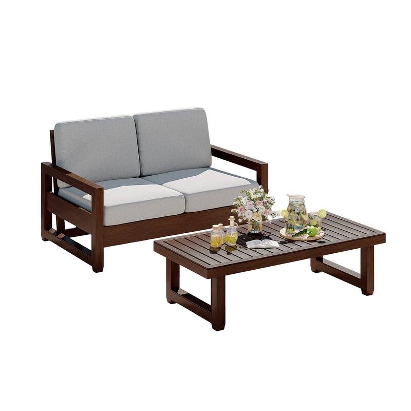 Teak Loveseat Patio Set with Cushions and Table (2-Piece)