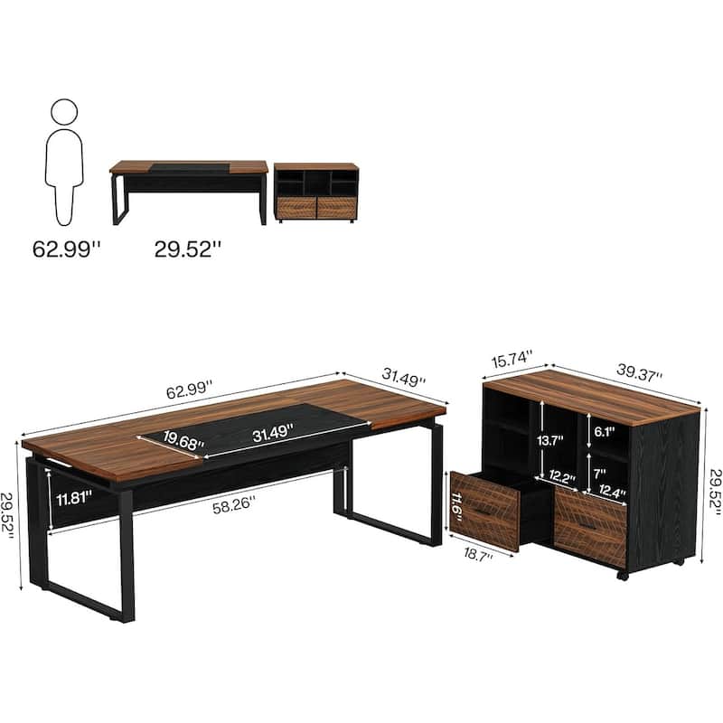 63" L-Shaped Executive Desk Reversible File Cabinet Combo, Office Computer Desk Set with Storage Drawers