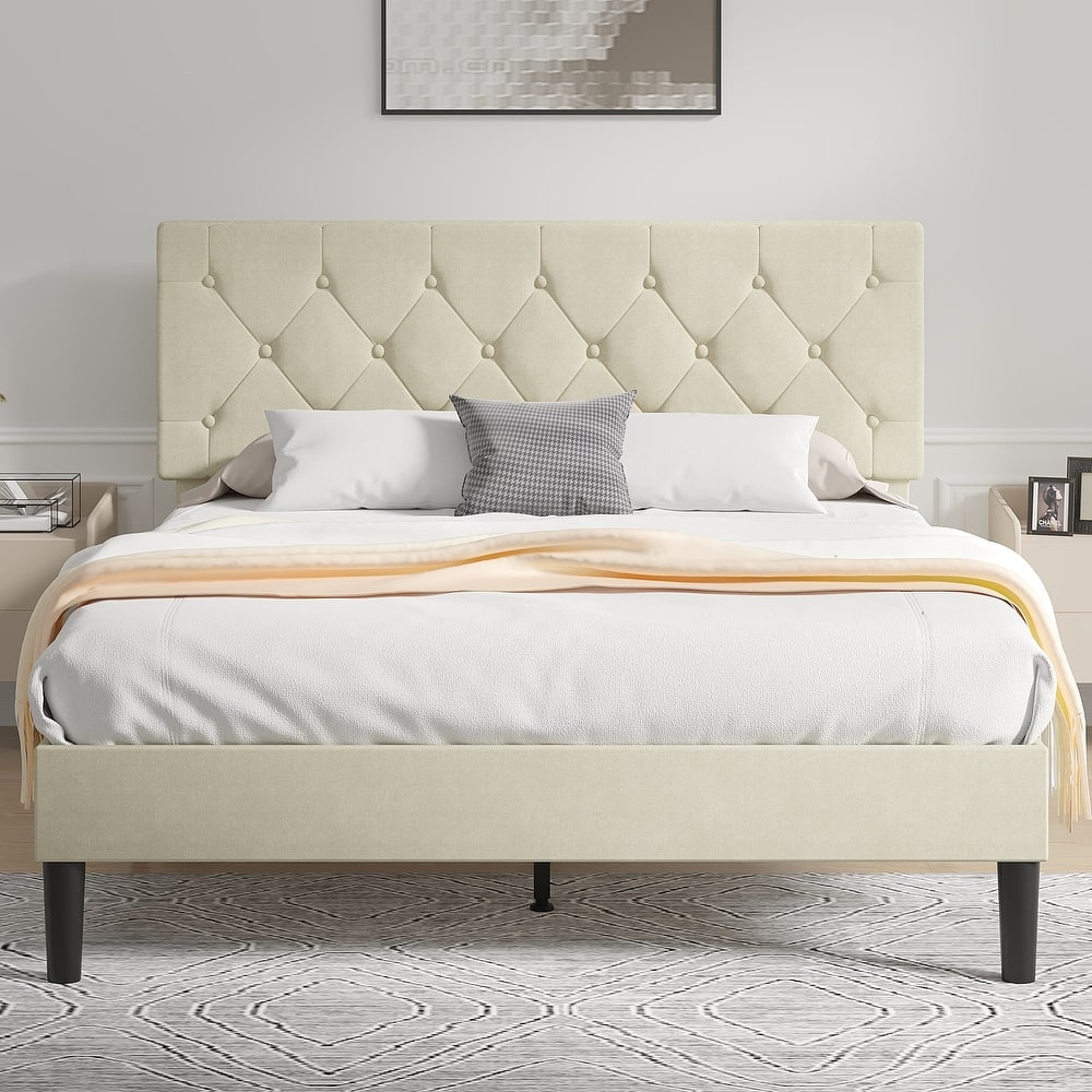 VECELO Tufted Upholstered Linen Bed Platform Bed Frame with Upholstered Headboard, Button Tufted Design