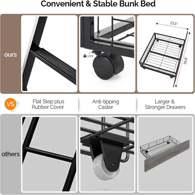 Iron Bunk Bed Twin Over Full with Storage Drawers Safety Guardrail and Ladder Black Ideal for Kids , Teens and Adults