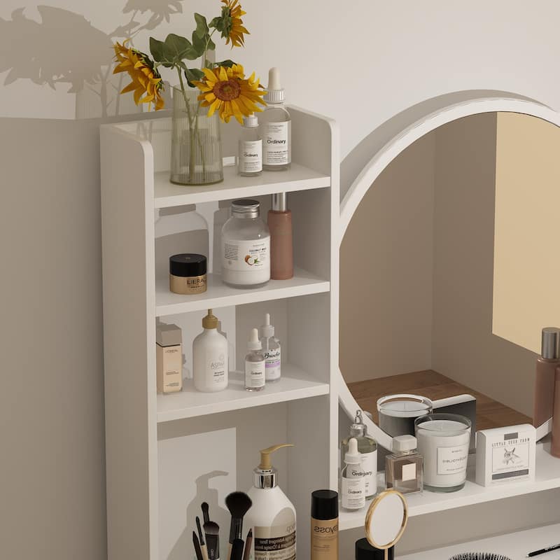 Makeup Vanity Set Dresser w/Mirror Stool 5 Drawers - White/Pink/Black - 31.5"L x 15.7"W x 52"H