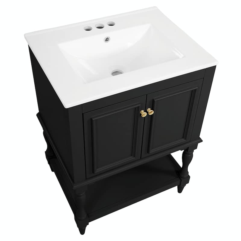 24" Modern Luxury Bathroom Vanity with Ceramic Sink, Freestanding Cabinet with Open Shelf and Enclosed Storage