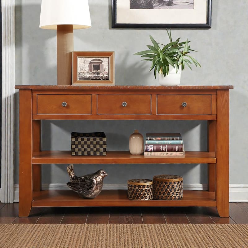 48 Inch Solid Pine Wood Console Table with 3 Drawers & 2 Shelves, Vintage Entryway Sofa Table for Hallway & Living Room