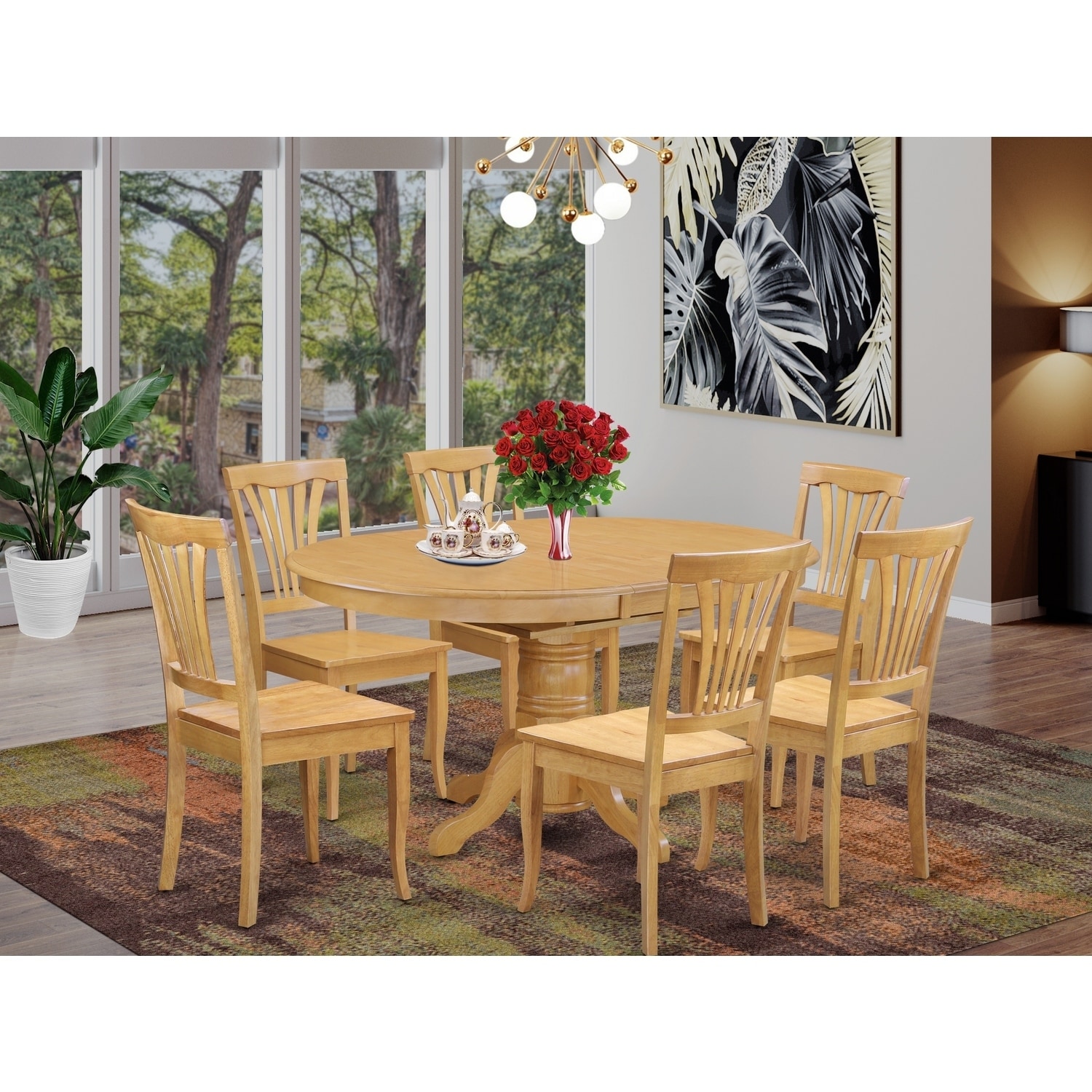 HomeStock 7-Piece Oval Natural Oak Finish Solid Wood Top Dining Table with 6 Chairs