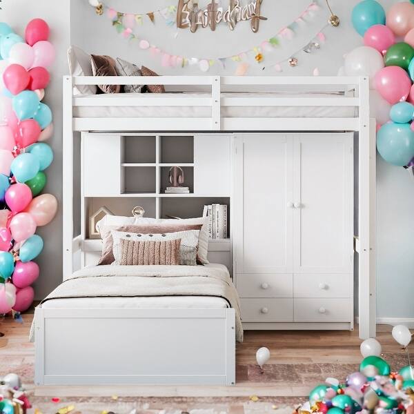 slide 2 of 15, Twin Bunk Bed with Hydraulic Lift Storage, Built-In Wardrobe, and 6 Drawers,Kids and Baby White