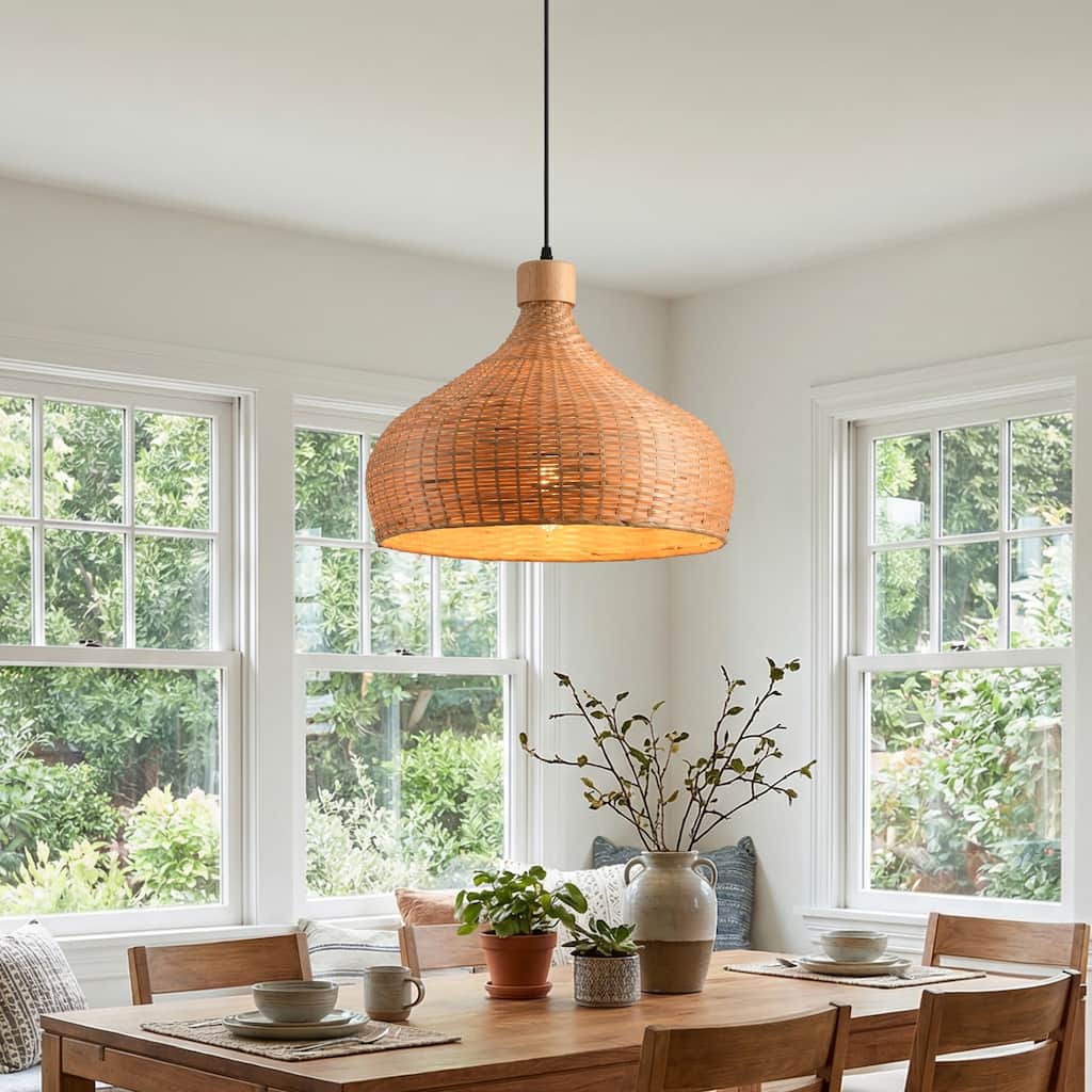 1-Light Retro Brown Handmade Bamboo Woven Dome Hanging Pendant Light - 17.7" W x 59" H