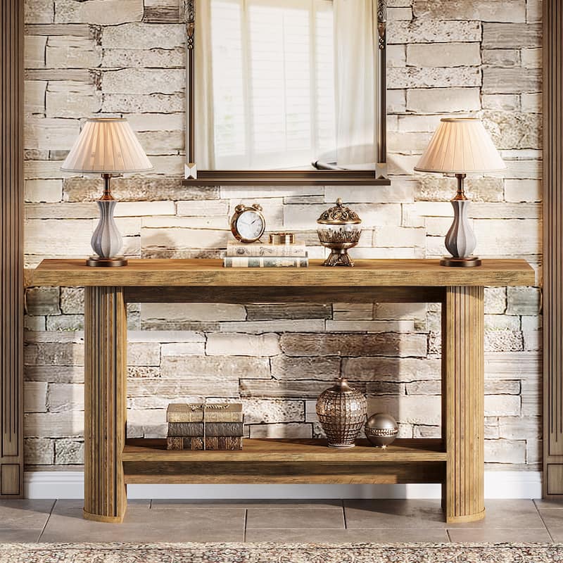 55" Industrial Brown Console Table 2-tier Sofa Table for Entryway