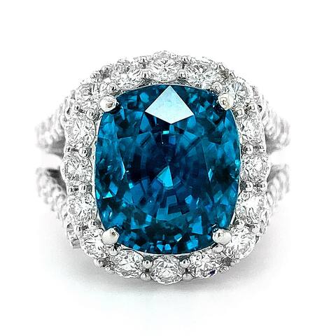 18K White Gold 15.98ct TGW Neon Blue Zircon and Diamond One-of-a-Kind Ring
