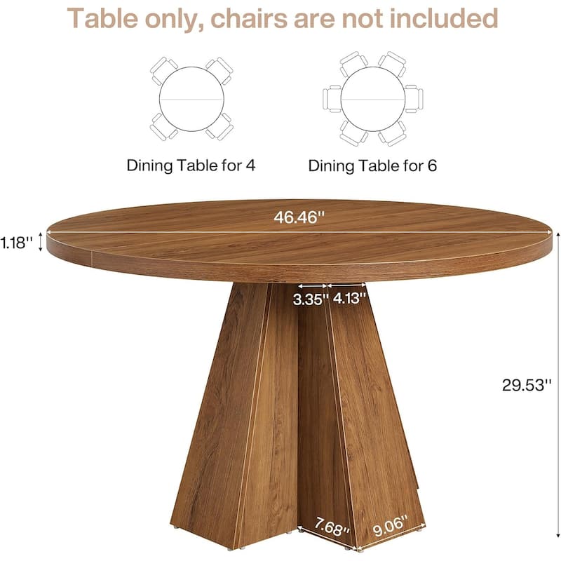 47-Inch Round Dining Table for 4-6, Round Kitchen Table with Sturdy Base - 46.5" W x 46.5" D x 29.5" H