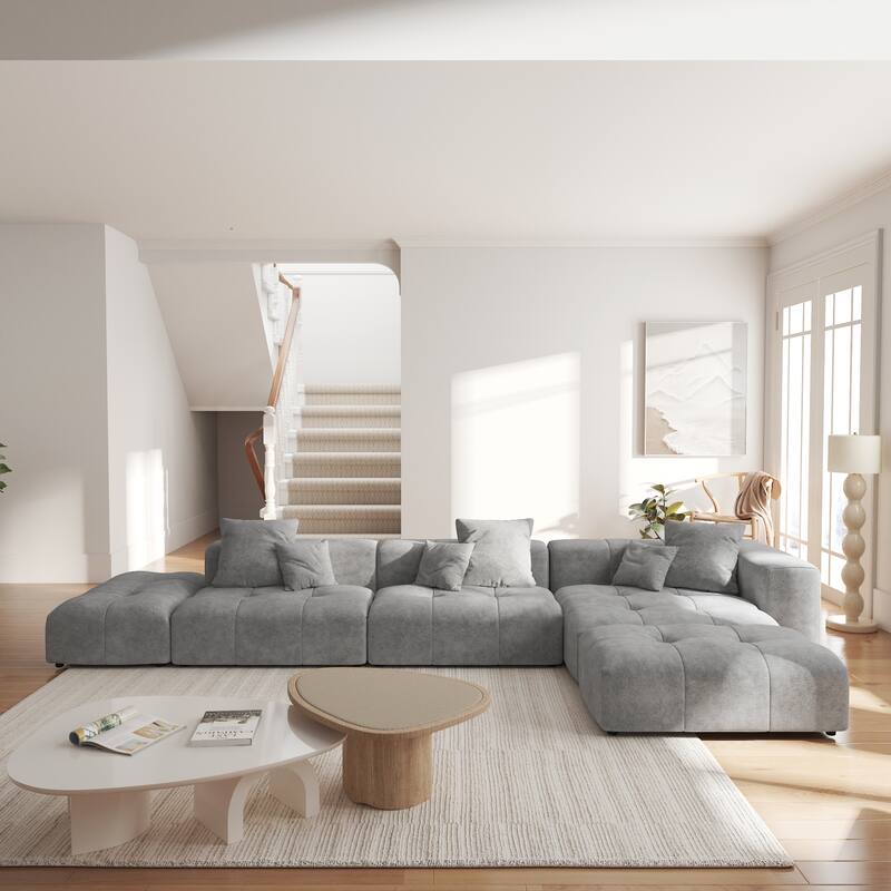 158.64" Linen Modular Sofa Modern L-Shaped Sectional Sofa 5-Seater Couch with Chaise for Living Room