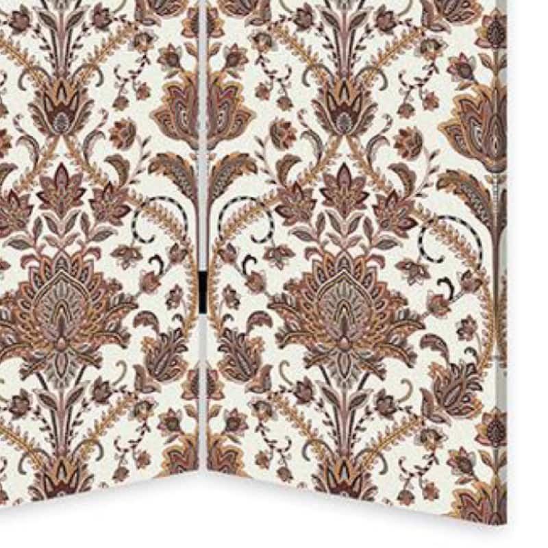 72 Inch 3 Panel Canvas Screen Room Divider, Dual Sided Baroque, White Brown